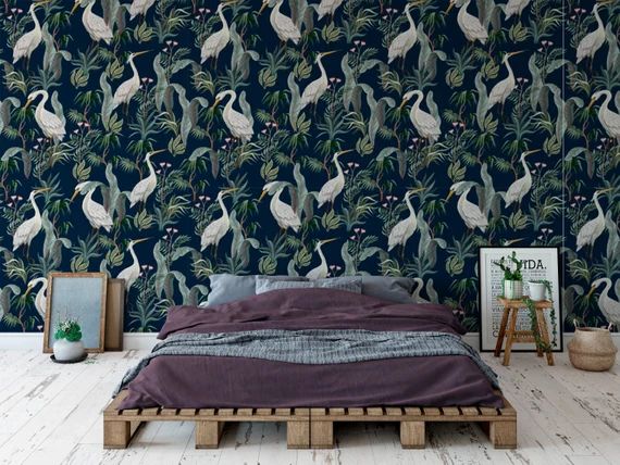 Chinoiserie wallpaper heron bird peel and stick mural | Etsy | Etsy (US)