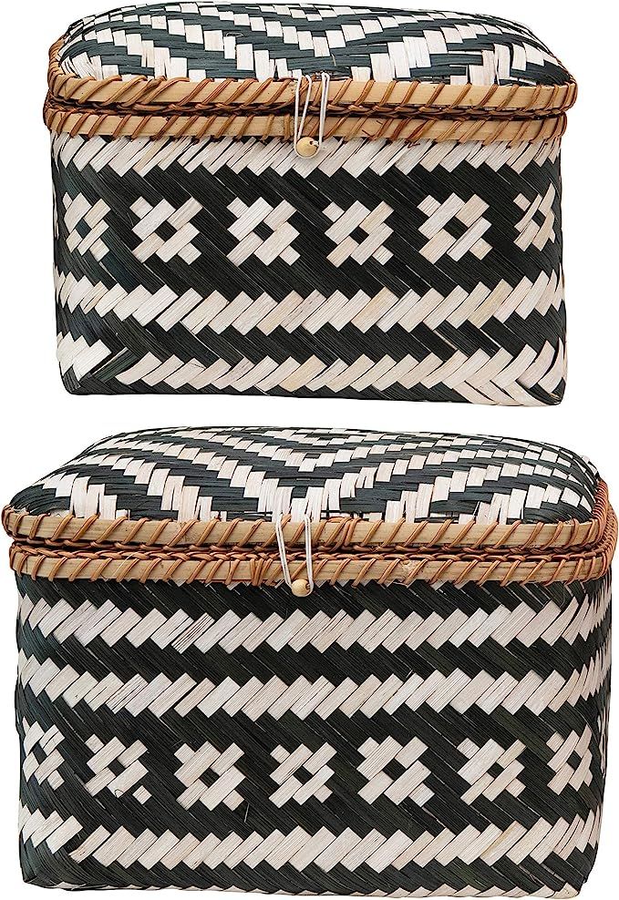 Creative Co-Op Hand-Woven Bamboo Boxes with Lids & Closures, Black & White, Set of 2 Container, W... | Amazon (US)