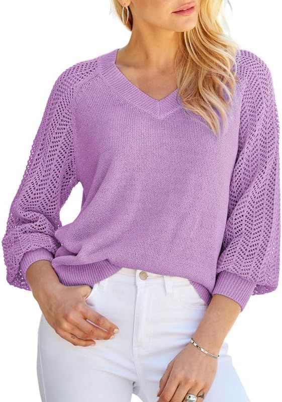 Dokotoo Women's Casual V-Neck Long Sleeve Sweaters Solid Color Pullover Knit Sweater Jumper Tops | Amazon (US)