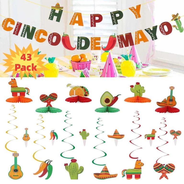 43Pcs Fiesta Party Set Serape Cactus Banner Garland Fiesta Mexican Picado Banner Decor for Cinco ... | Walmart (US)