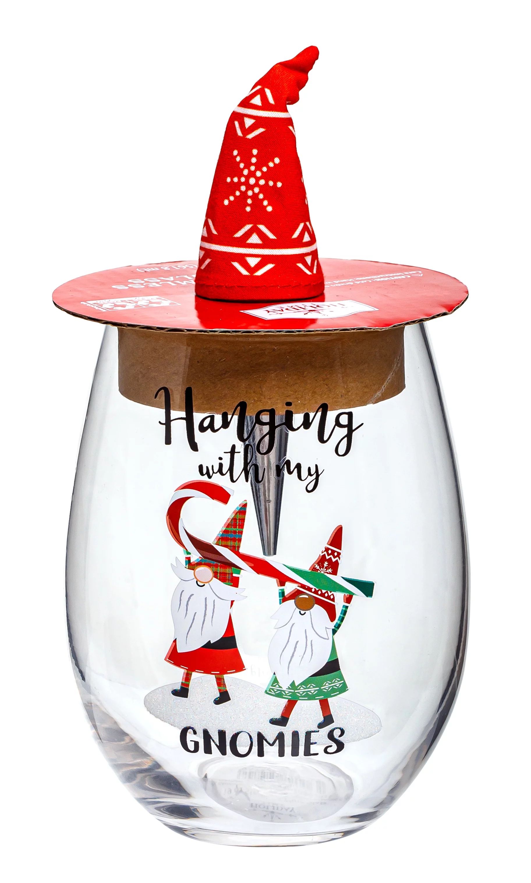 Holiday Time 19oz Gnomies Stemless Wine Glass with Red Hat-Top Bottle Stopper - Walmart.com | Walmart (US)