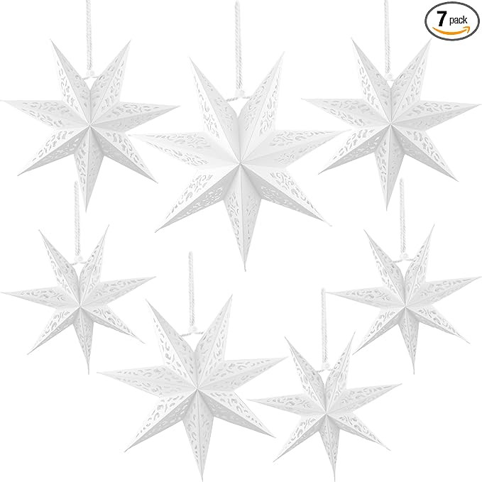 7 Pieces Christmas Paper Star Lantern White 7-Pointed Large Star Lamp Shade Hollow Star Paper Lan... | Amazon (US)