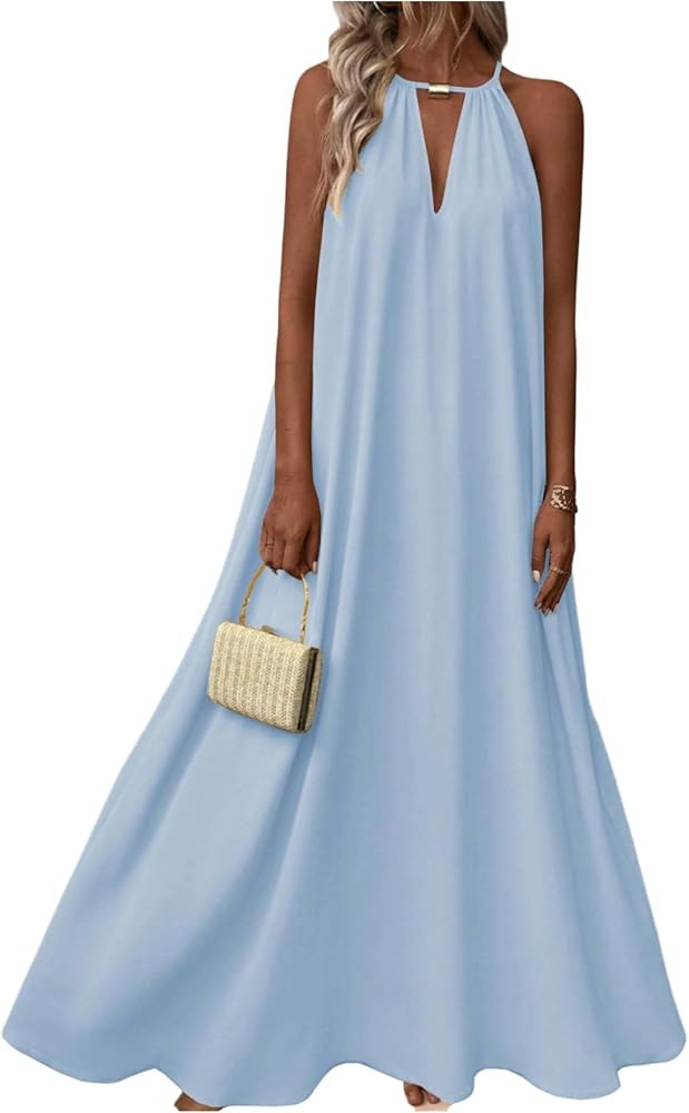 BEAUDRM Women's Summer Maxi Dress Flowy Vacation Beach Dresses Halter Wedding Guest Sundresses Re... | Amazon (US)