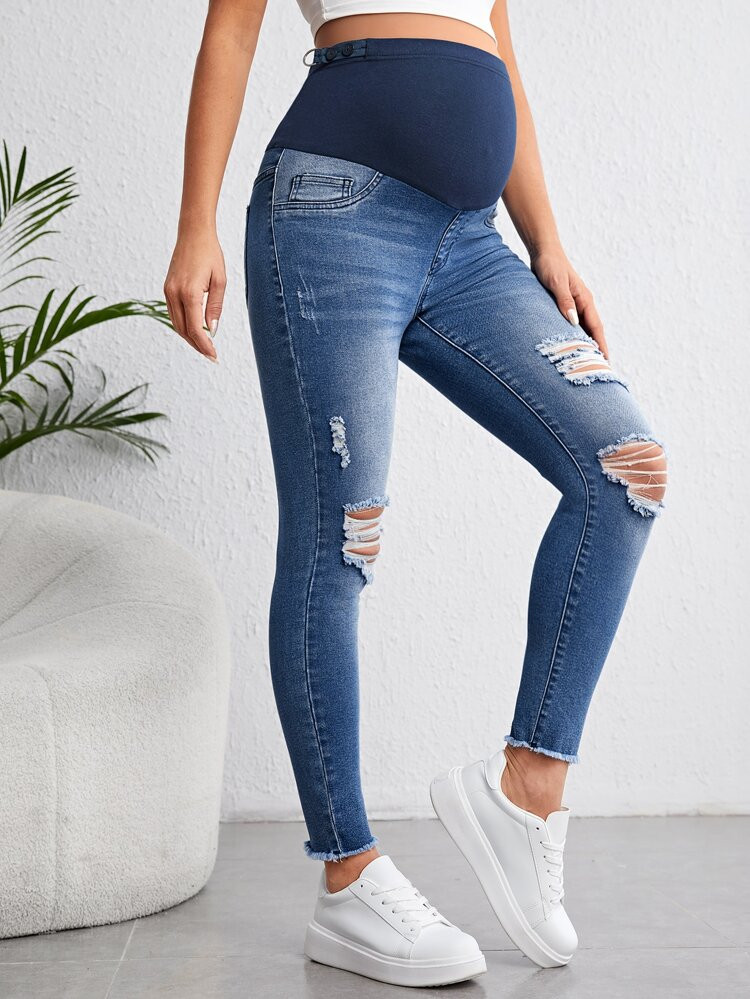 Maternity Adjustable Waist Ripped Raw Hem Skinny Jeans | SHEIN