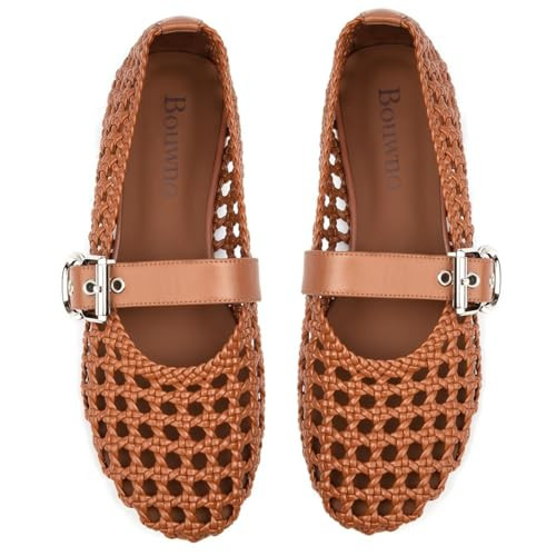 Bouwno Woven Mary Jane Flats for Women Mesh Ballet Flats Dressy Comfortable Ballerina Flat with Round Toe Adjustable Buckle Strap Brown | Amazon (US)