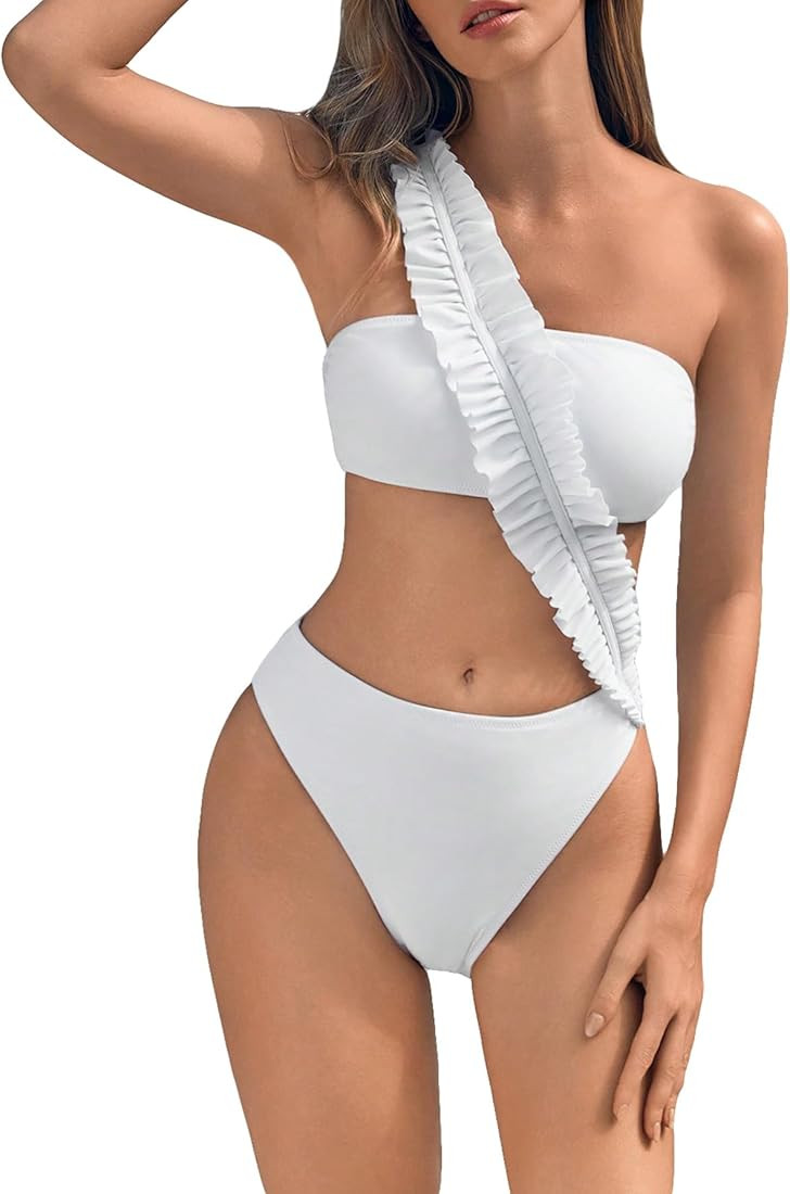 OYOANGLE Women's One Piece Swimsuits Ruffle Trim Sleeveless Cut Out Asymmetrical Neck Solid Plain... | Amazon (US)