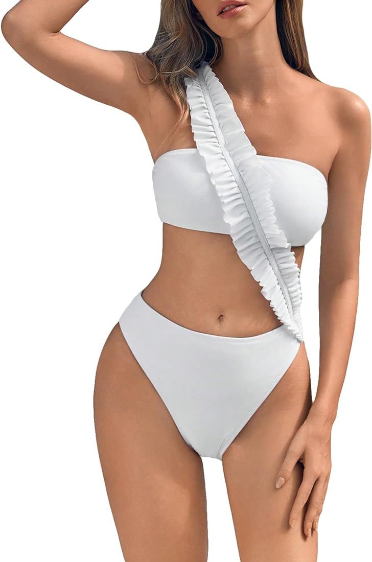 OYOANGLE Women's One Piece Swimsuits Ruffle Trim Sleeveless Cut Out Asymmetrical Neck Solid Plain... | Amazon (US)