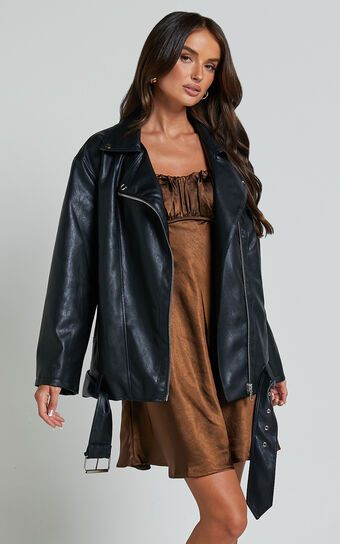 Ellery Faux Leather Jacket - Faux Leather Longline Belted Biker Jacket in Black | Showpo (US, UK & Europe)