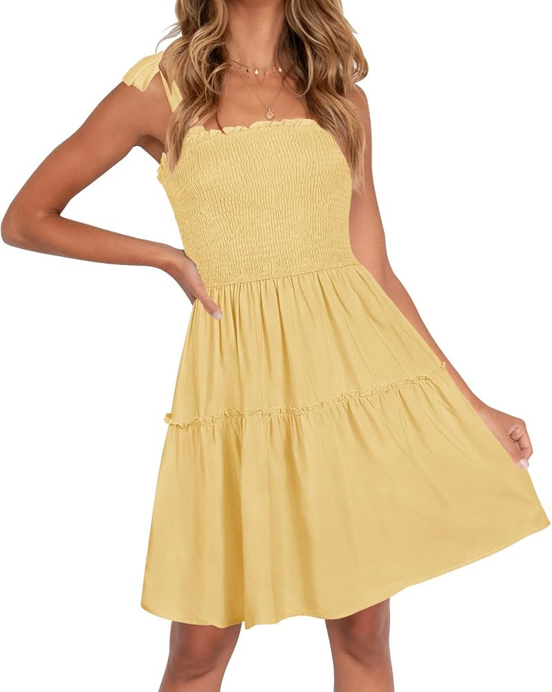 ZESICA Women's 2026 Summer Spaghetti Strap Sleeveless Square Neck Ruffle A Line Swing Mini Dress | Amazon (US)