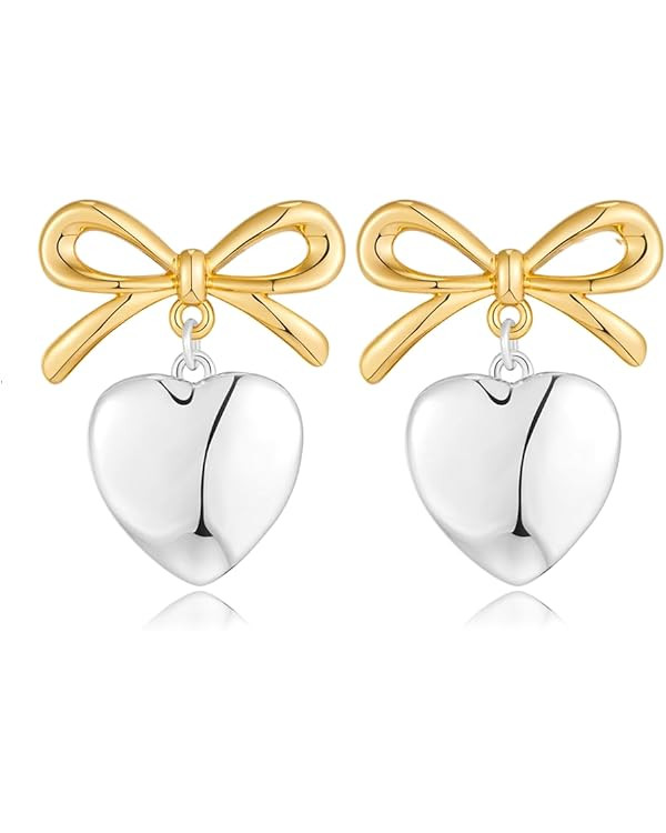 FAUTHENTICUTE Gold Heart Dangle Earrings For Women Ribbon Bow Dangle Earrings | Amazon (US)