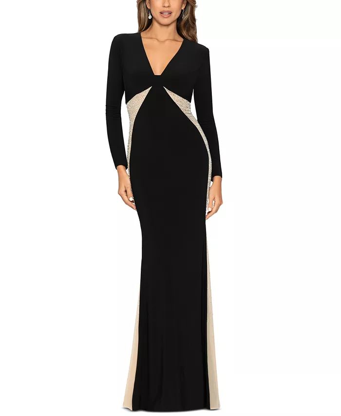 Women's V-Neck Embellished Contrast-Inset Gown | Macy's