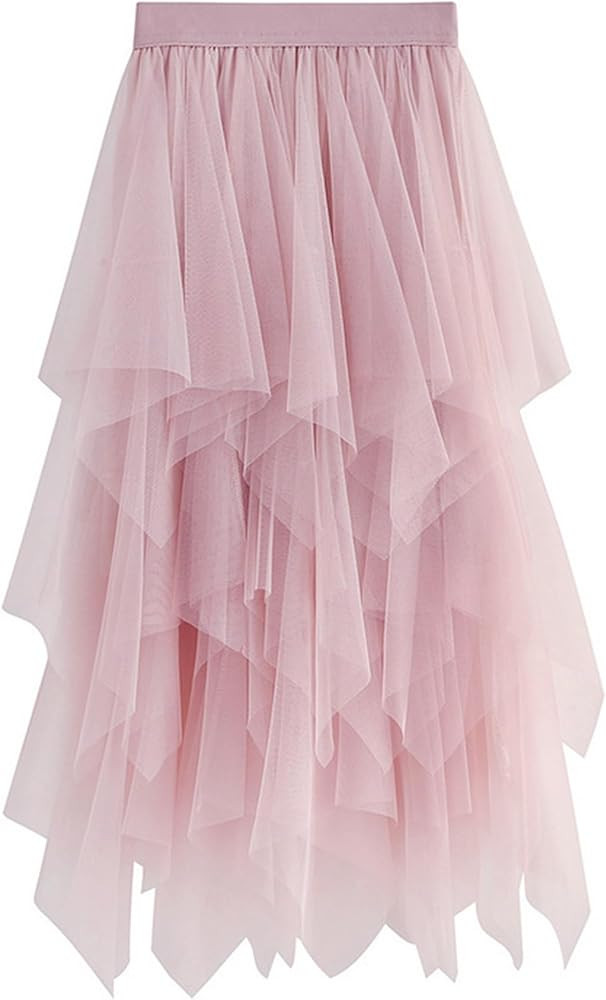 Tulle Skirts for Women 3 Layered High Low Asymmetrical Midi Length Elastic Waist Mesh Tutu Skirt | Amazon (US)