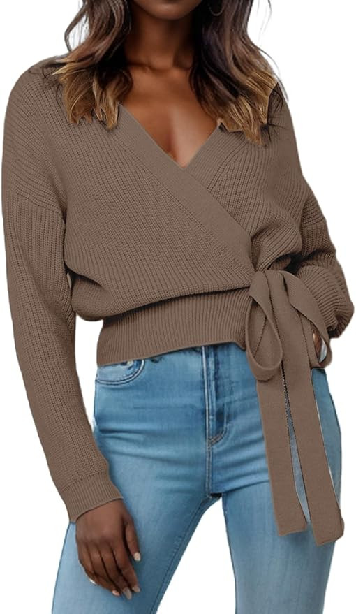 Women's Casual V Neck Wrap Sweater Pullovers Lightweight Ribbed Drop Shoulder Knitted Tops | Amazon (US)