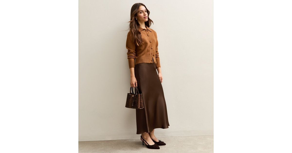 Petite Dark Brown Satin Bias Cut Midi Skirt | New Look | New Look (UK)