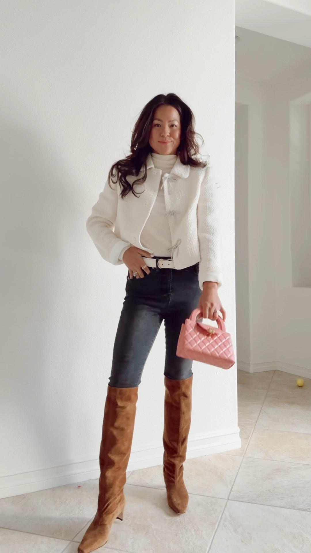 Winter outfit. Suede boots. Bow blazer. Good American jeans. Chanel. Amazon fashion.