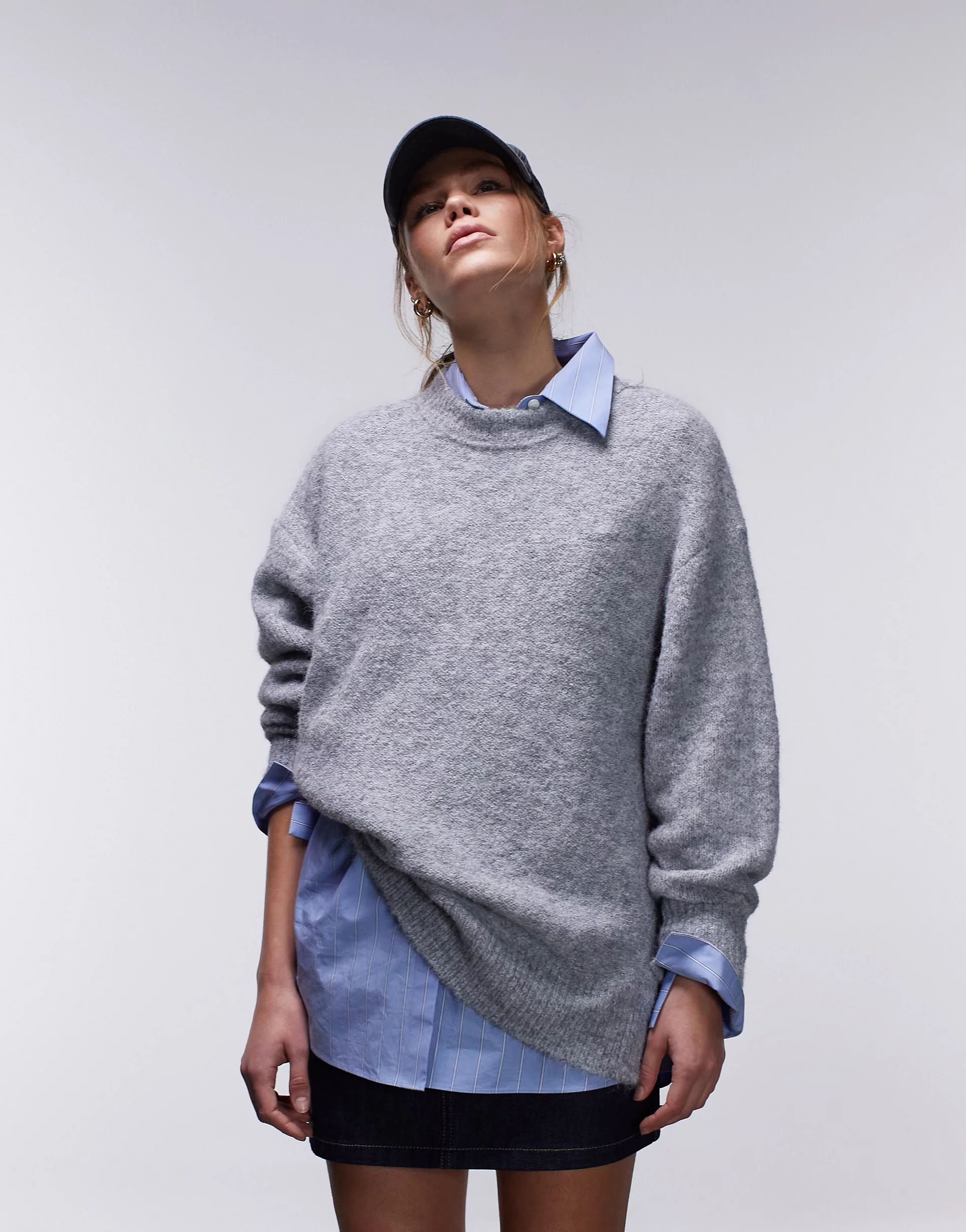 Topshop knitted oversized exposed seam fluffy crew neck jumper in grey | ASOS (Global)