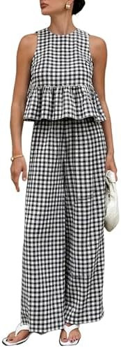 Tanming Women's 2 Piece Set Outfits Gingham Plaid Tank Tops Wide Leg Pants Matching Lounge Sets | Amazon (US)