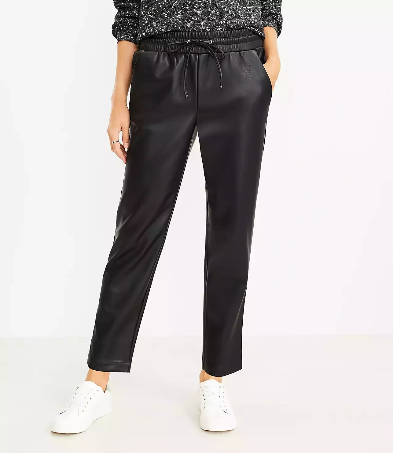 Petite Faux Leather Pull On Trousers in Black