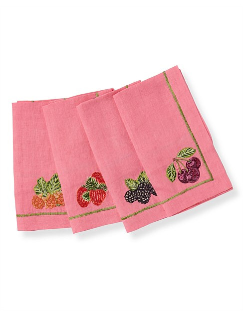 Kip & Co Berry Bliss Embroidered Linen 4 Pieces Napkin Set | David Jones | David Jones (Australia & New Zealand)