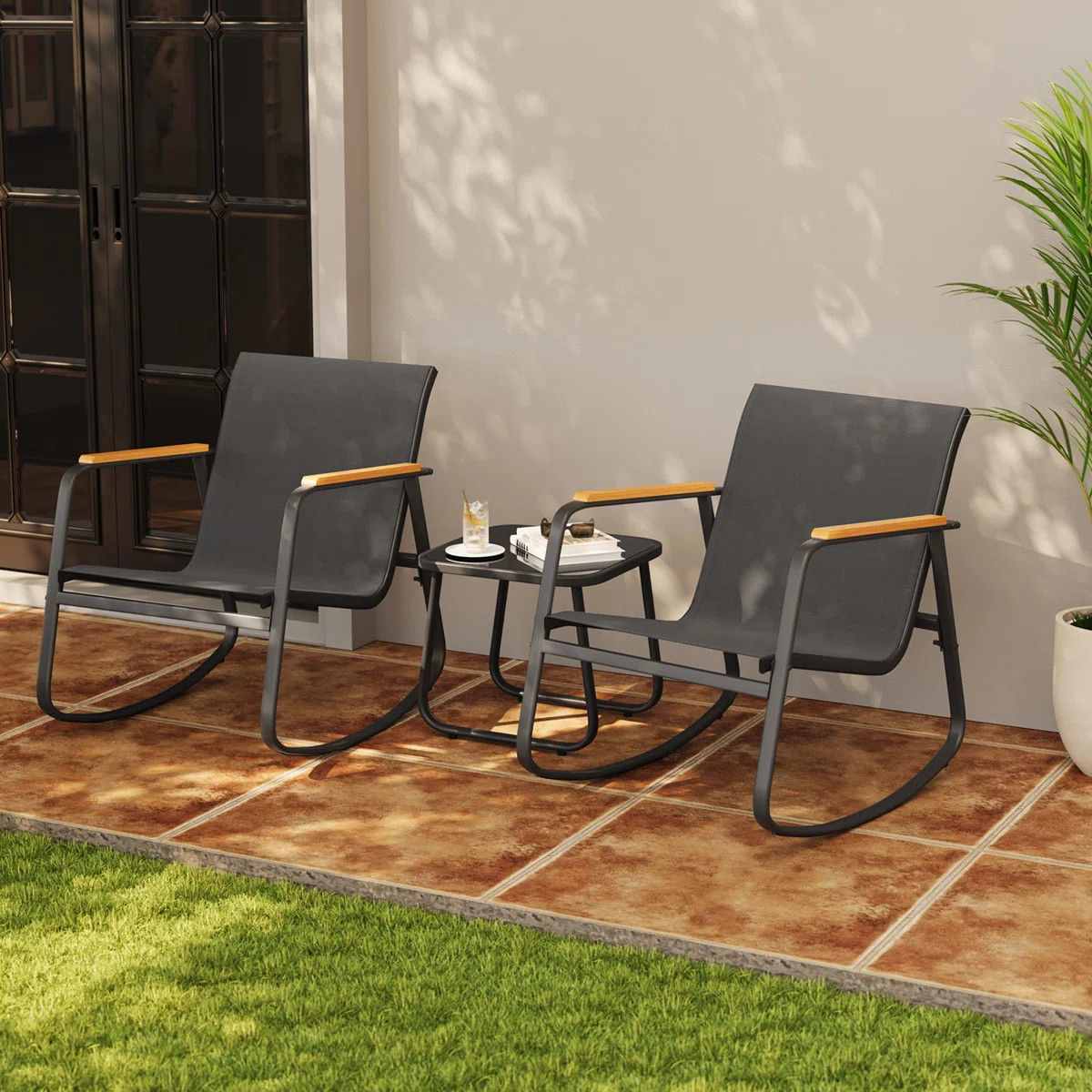 3-Piece Outdoor Rocking Patio Set with Solid Wood Armrests & Coffee Table | Wayfair North America
