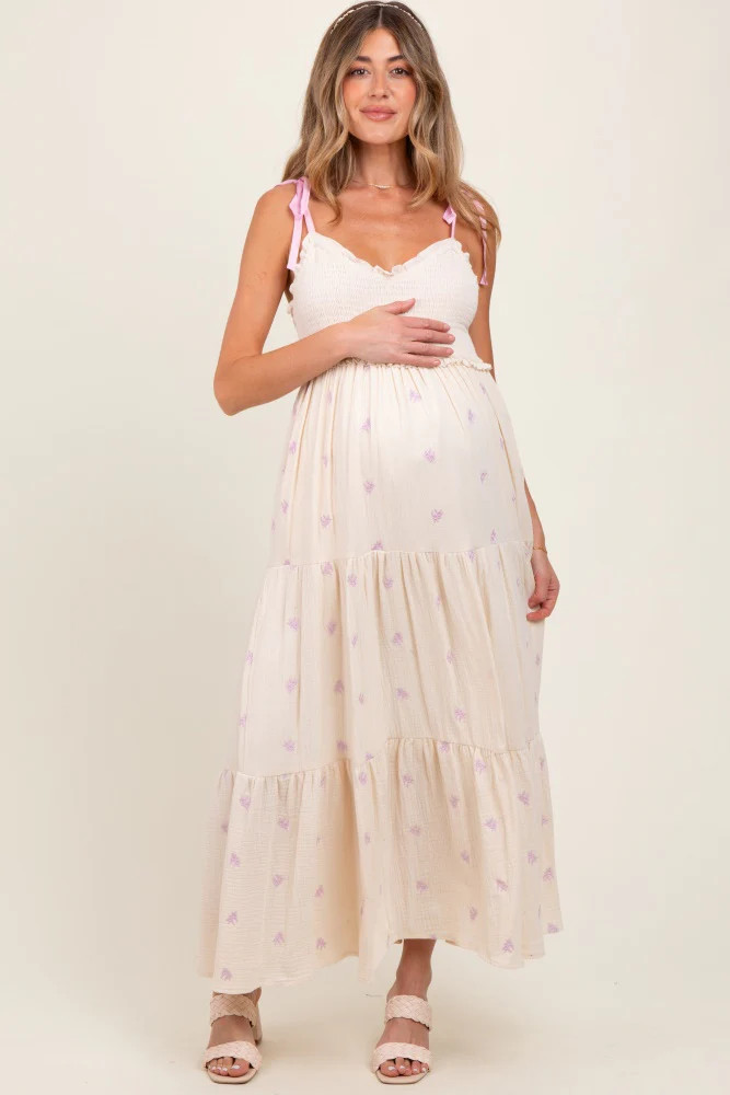 Cream Embroidered Smocked Shoulder Tie Maternity Maxi Dress | PinkBlush Maternity