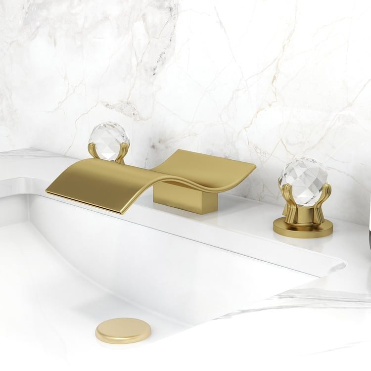 Deck Mount Widespread Waterfall 2 Crystal Handle Bathroom Sink Faucet in Brushed Gold | Homary