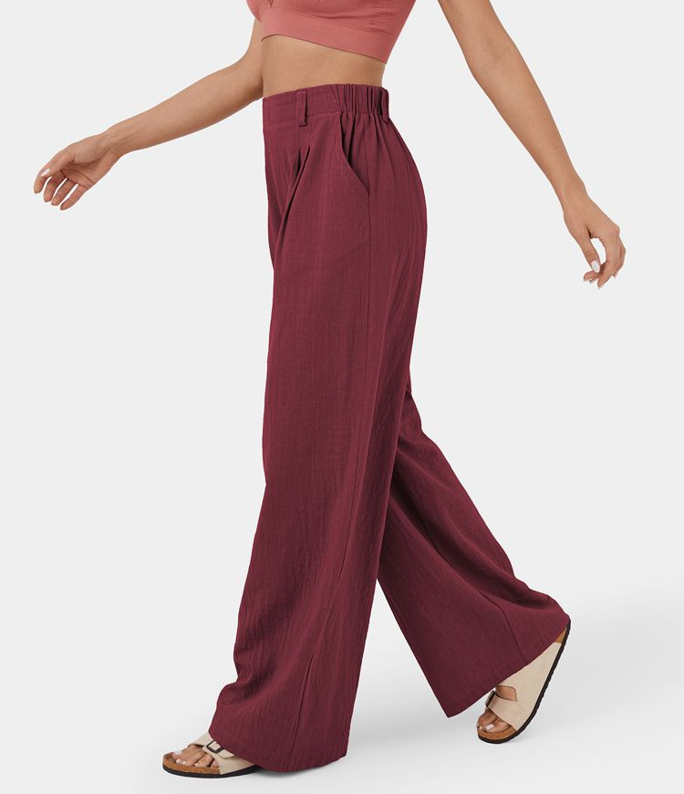 High Waisted Plicated Side Pocket Wide Leg Flowy Solid Palazzo Casual Pants | HALARA