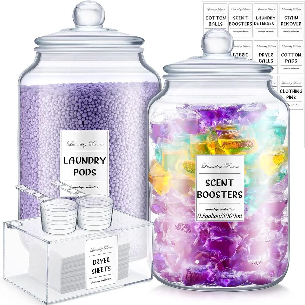 2 Pcs Glass Jars for Laundry Room Organization with Acrylic Dryer Sheet Holder 14 Labels and 2 Sc... | Amazon (US)