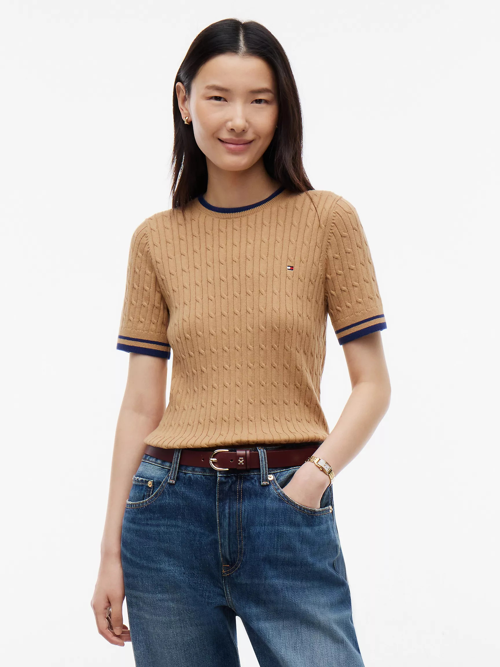 Short-Sleeve Cable Knit Tipped Sweater | Tommy Hilfiger | Tommy Hilfiger (US)