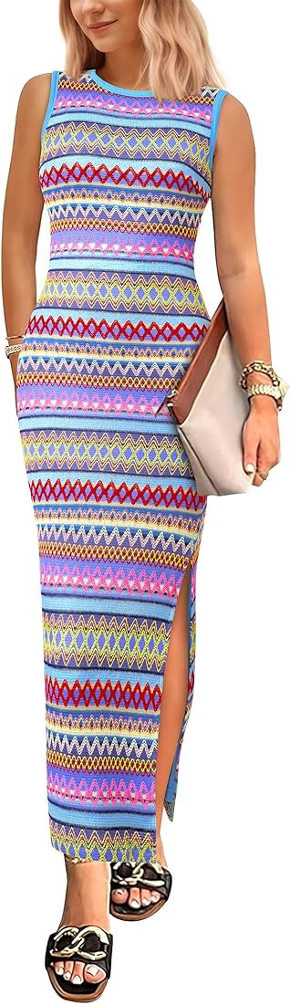 PRETTYGARDEN Womens Summer Sleeveless Tank Dress Crew Neck Striped Side Slit Bodycon Casual Maxi ... | Amazon (US)