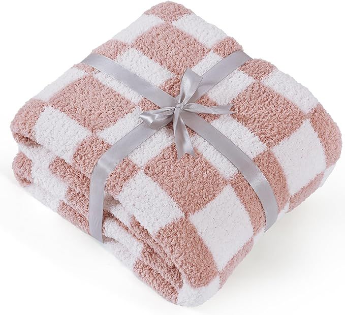Bedsure Super Soft Knit Throw Blanket - Warm Cozy Reversible Checkerboard Pink Blanket, Fluffy Fu... | Amazon (US)