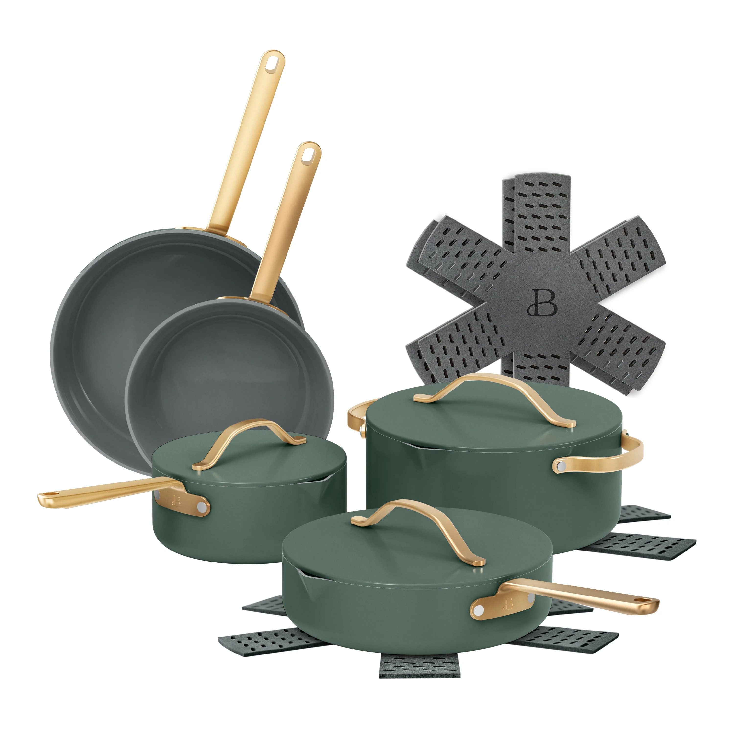 Beautiful 12-Piece Ceramic Nonstick Cookware Set, Pots and Pans with Strainer Lids, Thyme Green b... | Walmart (US)