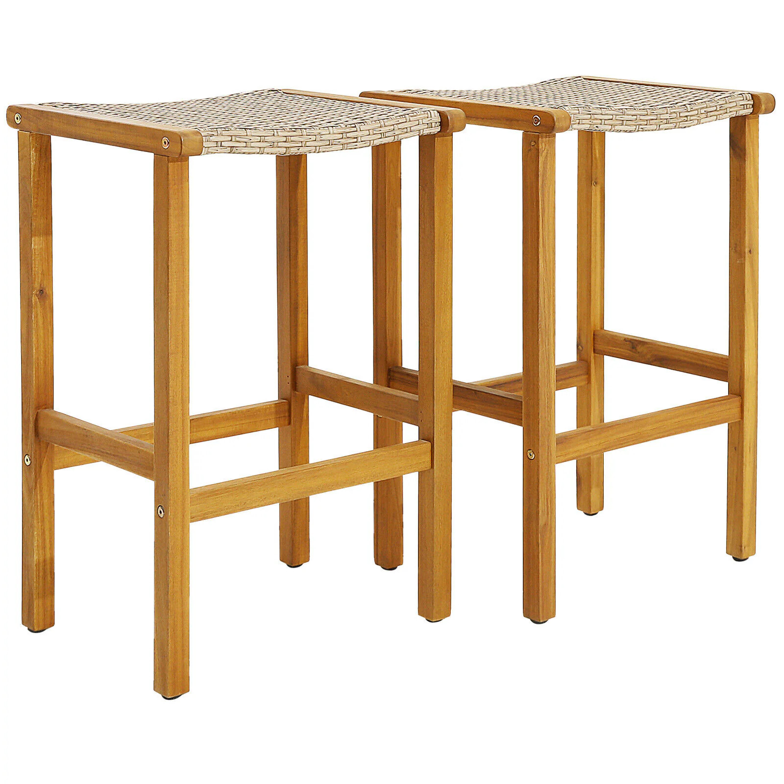 Slickblue 2-Piece Patio Bar Stool Set – Modern Teak Acacia Wood Frame with Rattan Woven Seats (Cushions Not Included No Fire Pit or Umbrella) | Lowe's