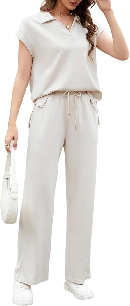AVAMO Womens 2 Piece Outfit Lounge Set Cap Sleeve Polo Top And Pant Set Tracksuit Travel Matching... | Amazon (US)