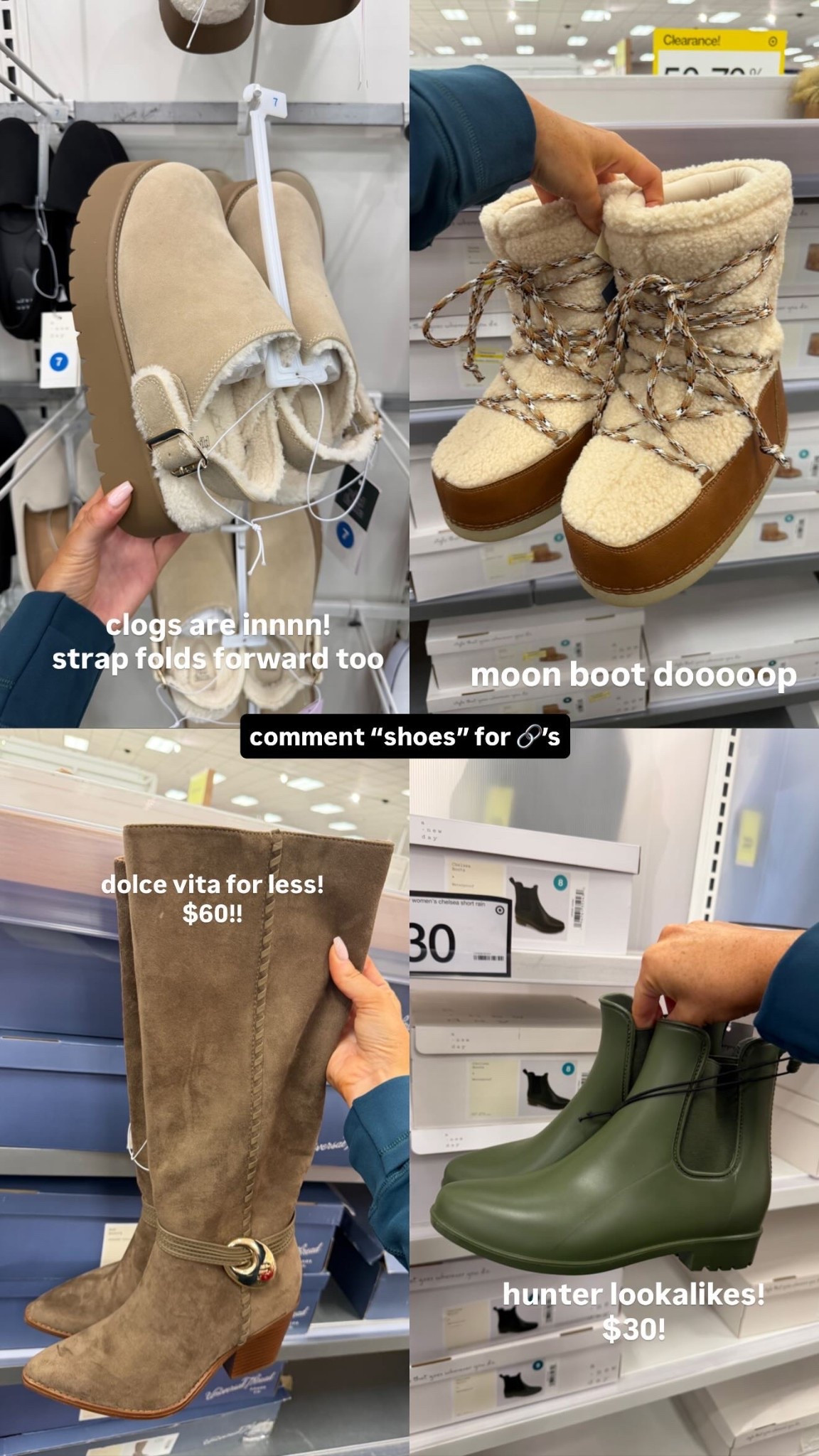 Target shoes! Moon boot lookalike, hunter rain boot lookalike, clog slippers, dolce vita suede boots look alike 