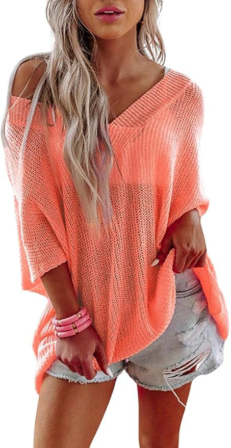 Beach Vacation Clothes for Women Summer Tops Half Sleeve Oversized Crochet Sweater Women's Tops W... | Amazon (US)