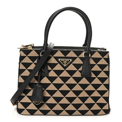 Jacquard Saffiano Triangolo Symbole Embroidered Small Galleria Double Zip Tote Black Corda | FASHIONPHILE (US)