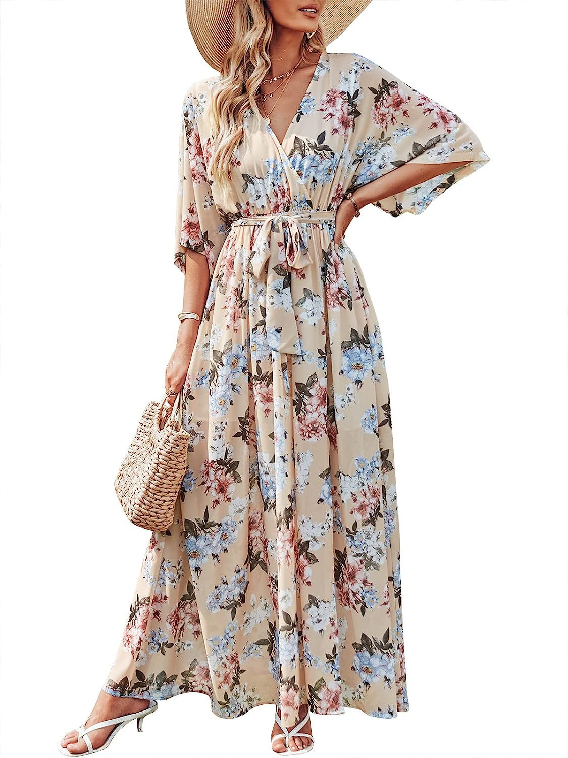 ANRABESS Women’s Summer Loose Kimono Maxi Dress Wrap V Neck 3/4 Sleeve Floral Print Slit Long D... | Amazon (US)