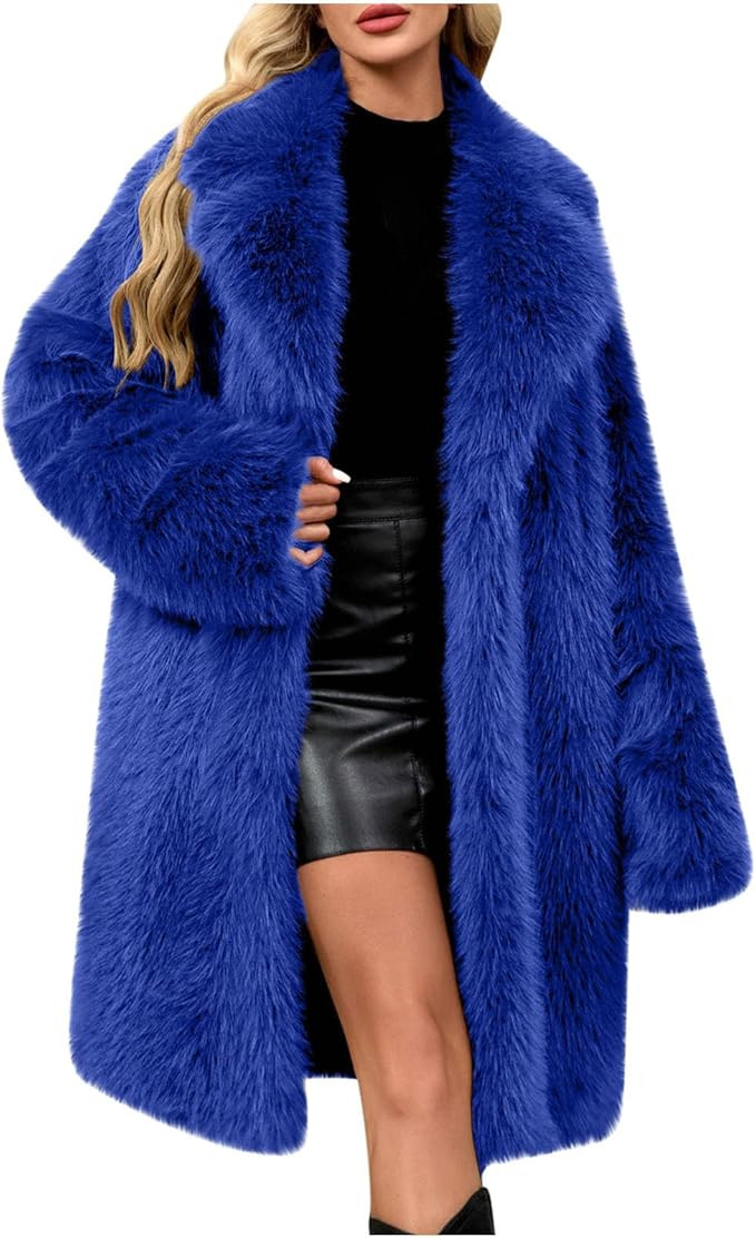 Womens Long Faux Fur Coats Fluffy Faux Fur Jacket Long Sleeve Lapel Collar Furry Coats Fuzzy Wint... | Amazon (US)