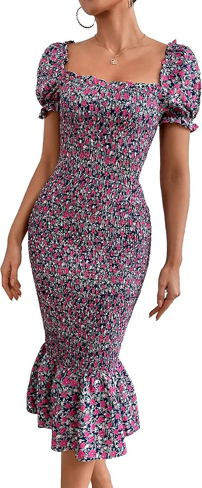 PRETTYGARDEN Summer Floral Bodycon Midi Dresses 2025 Puff Sleeve Mermaid Cocktail Baby Shower Pho... | Amazon (US)