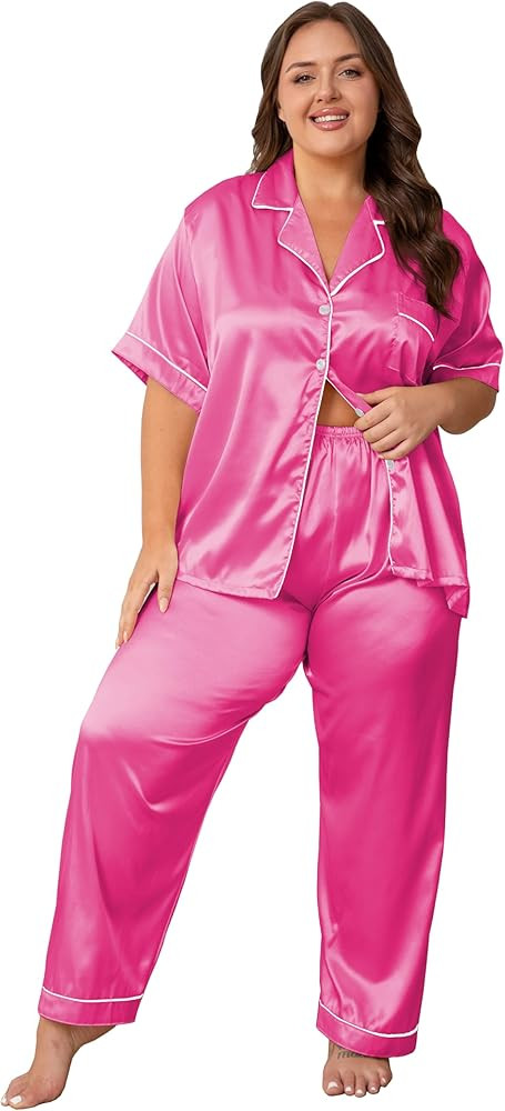 Vozanet Women's Button Down Satin Pajama Sets Silky Short Sleeve Top & Pants Plus Size Loungewear... | Amazon (US)