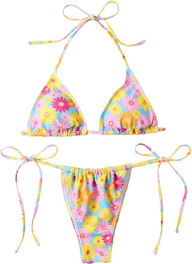 SOLY HUX Women's Floral Print Halter Triangle Tie Side Bikini Set Two Piece Swimsuits | Amazon (US)