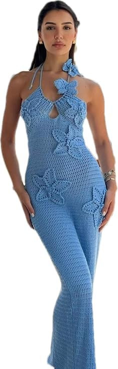 RanRui Women's Halter 3D Flower Knitted Hollow Out Beach Dress balckless Open Back Swimsuit Cover... | Amazon (US)