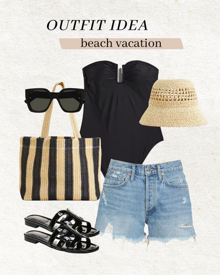 Beach vacation outfit idea 🖤 

Swimsuit; black one piece swimsuit; denim shorts; black sandals; black slides; beach bag; bucket hat; H&M; Christine Andrew 

#LTKtravel #LTKswim #LTKstyletip