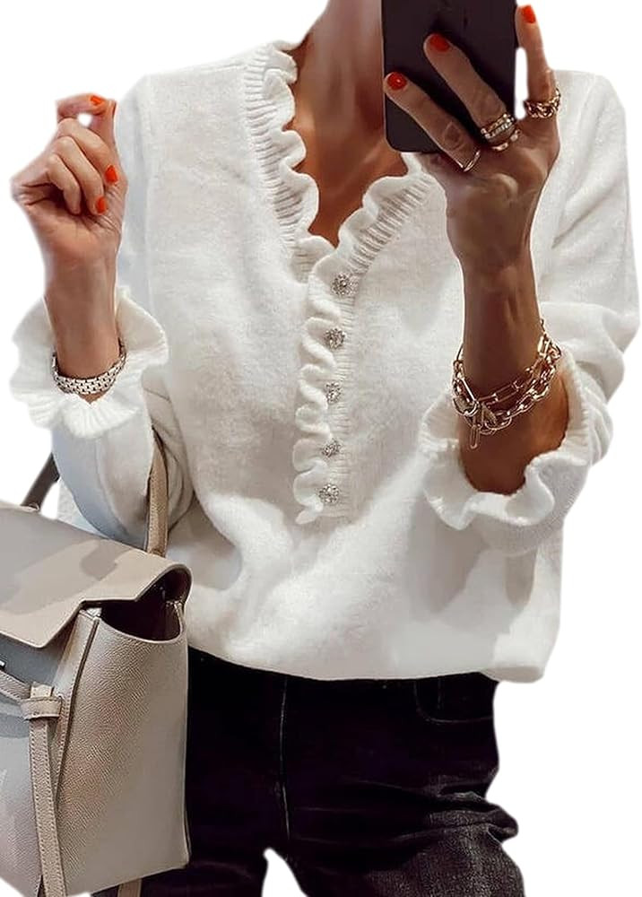 ECOWISH Womens Crew Neck Long Sleeve Oversized Sweaters Casual Solid Color Button Down Sweater Ru... | Amazon (US)