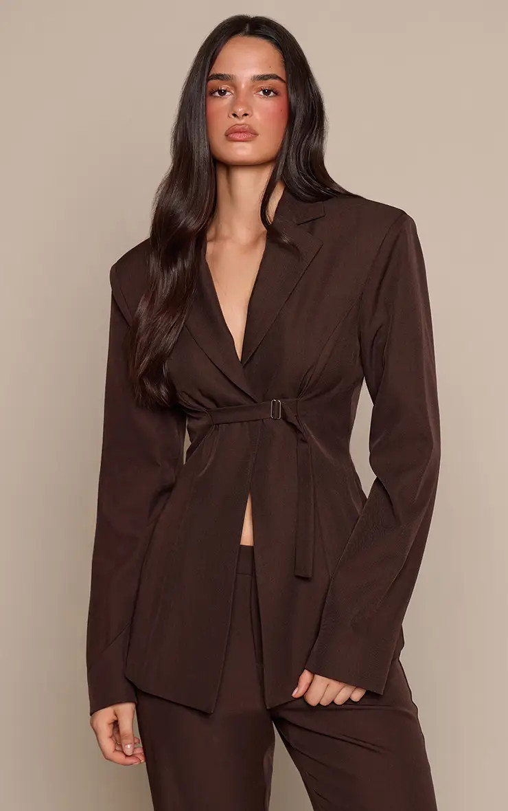 Dark Brown Front Buckle Cinched Blazer Co-ord | PrettyLittleThing USA | PrettyLittleThing US