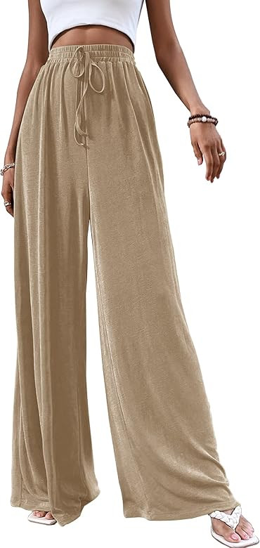 Febriajuce Women's Stretchy High Waist Wide Leg Pants Comfy Solid Loose Casual Palazzo Lounge Tro... | Amazon (US)