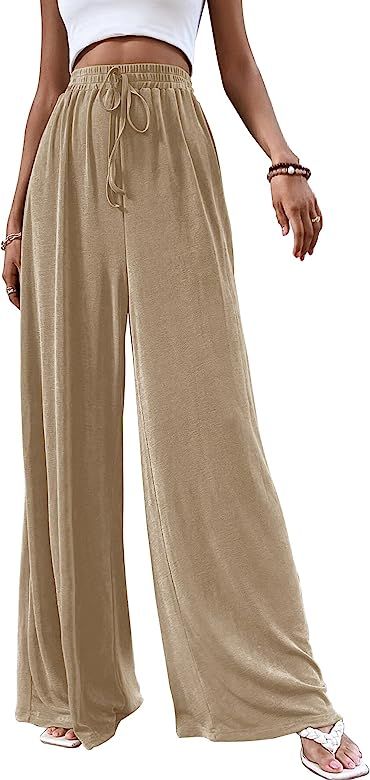 Febriajuce Women's Stretchy High Waist Wide Leg Pants Comfy Solid Loose Casual Palazzo Lounge Tro... | Amazon (US)