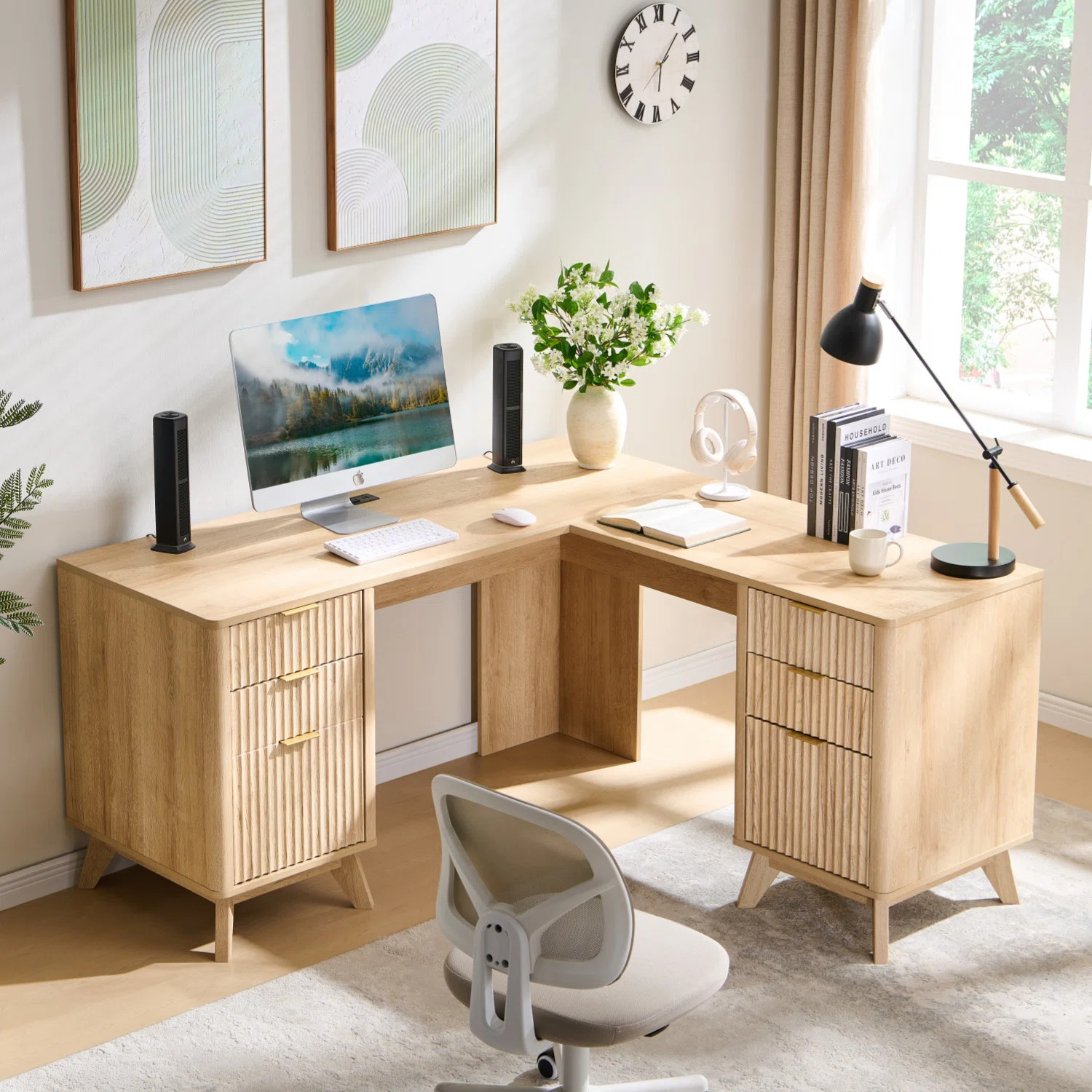 59''Fluted L Shaped Executive Desk Wood Home Office Corner Desk With Power Outlets ,File Drawers | Wayfair North America