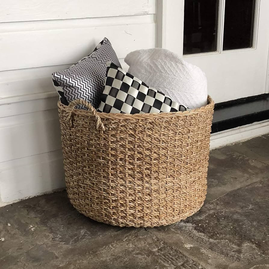 Round Woven Wicker Rattan Large Blanket Floor Storage Basket with Handles perfect Big Empty Decor... | Amazon (US)